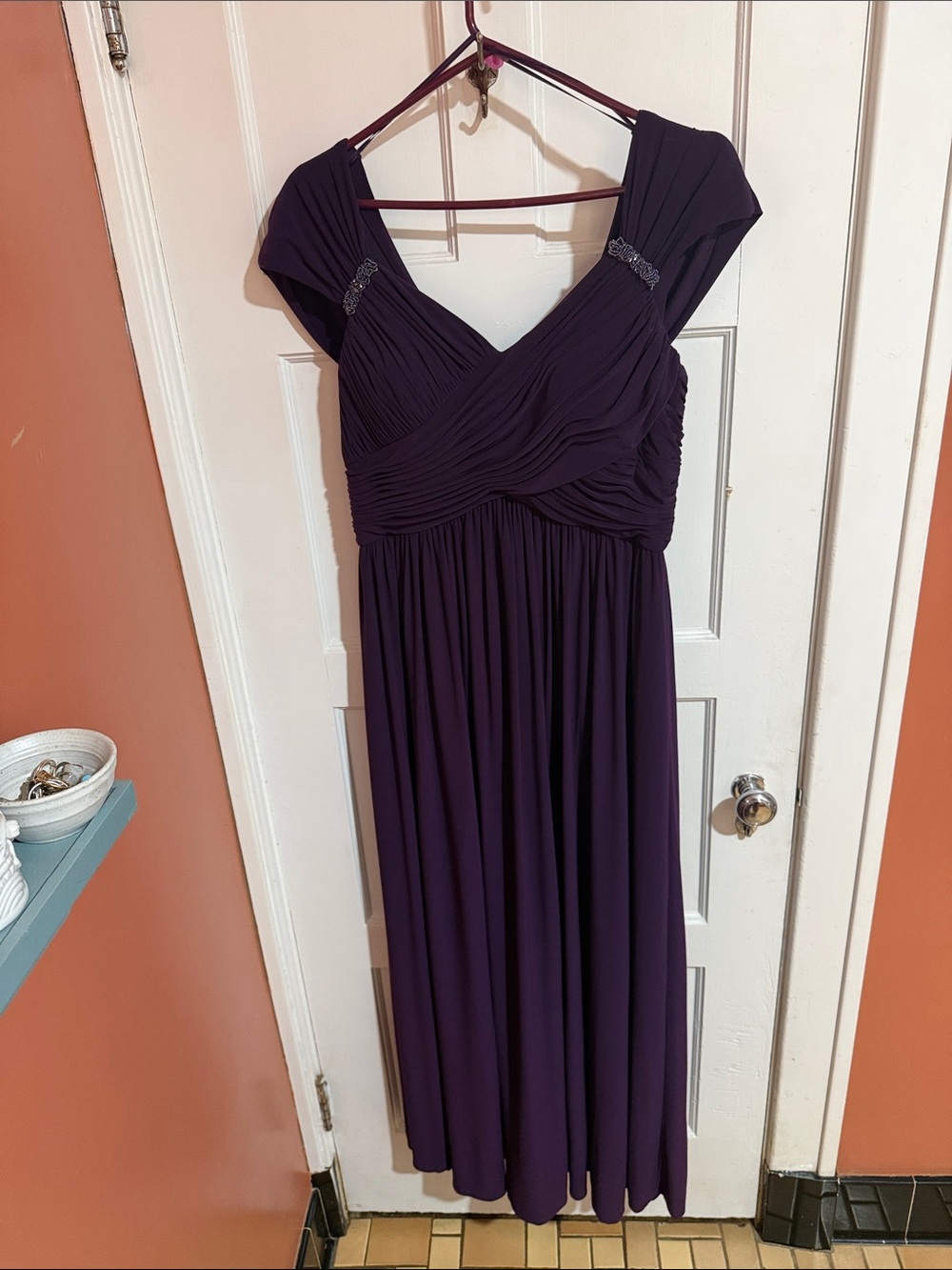 Patra Plum Ruched V-Neck Maxi Dress with Shoulder Accents